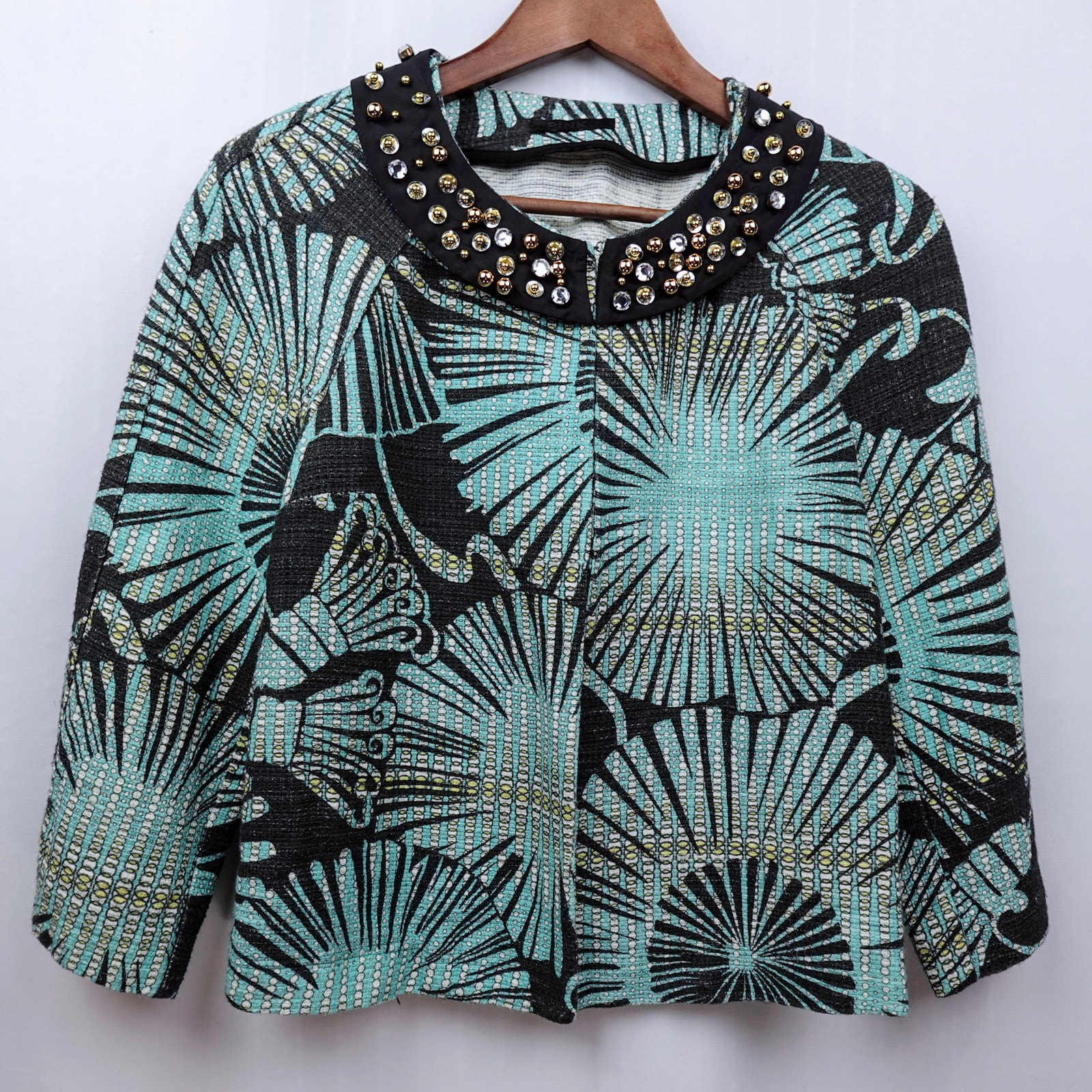 Pinko Rhinestone Collar Cropped Jacket Sz 8 Aqua Blue Black Linen Blend Evening